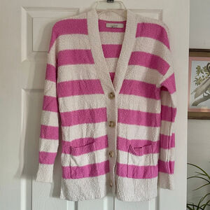Women's LOFT Pink White Striped Cardigan XS